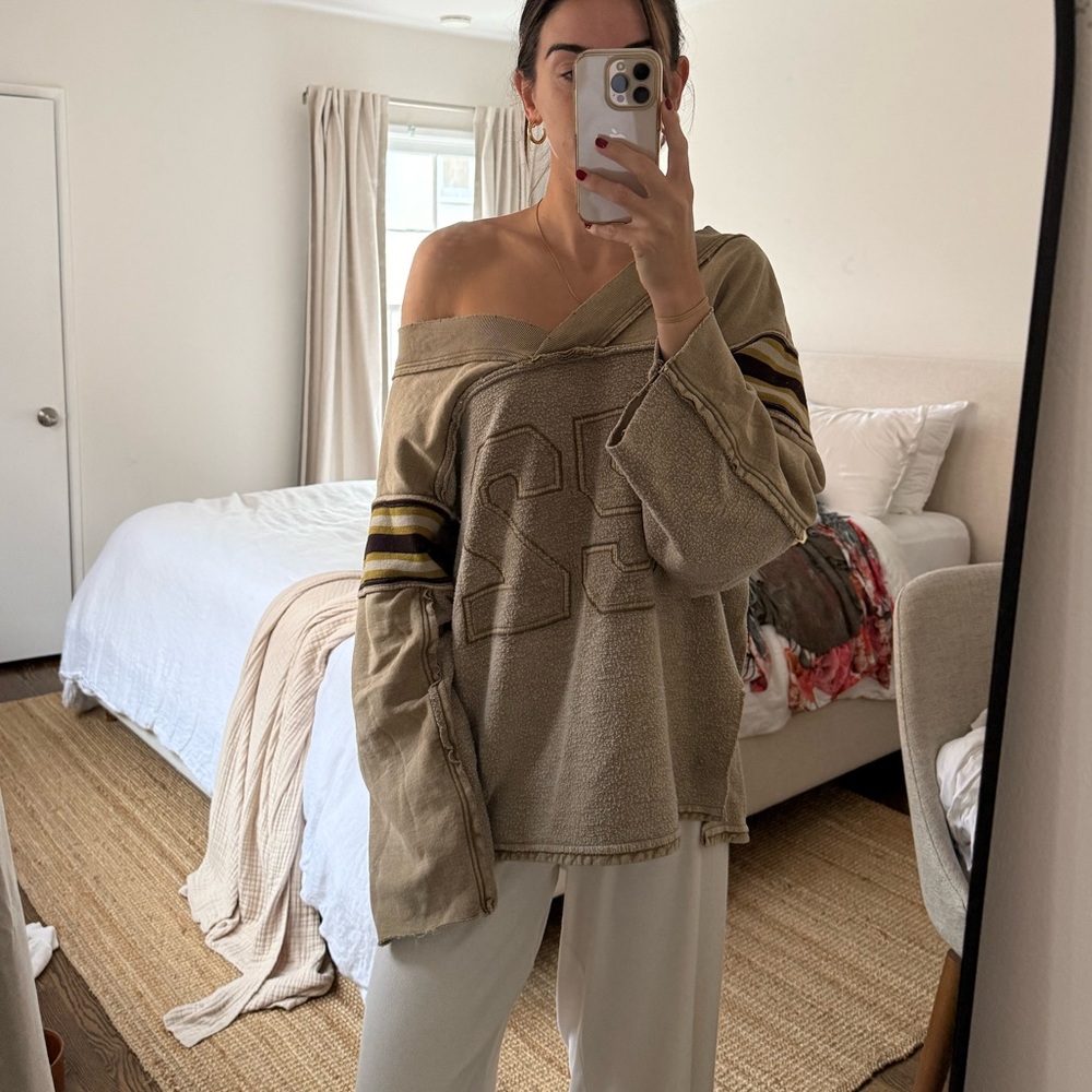 Free People Oversized Beige Striped V-Neck Sweatshirt
